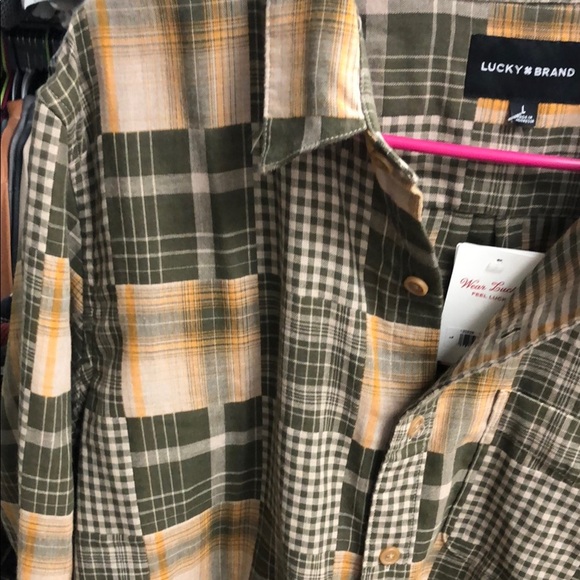 Lucky Brand Green and Tan Plaid Casual Button Down Shirt - Picture 4 of 8